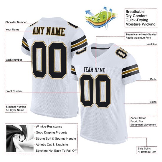 Custom White Black-Old Gold Mesh Authentic Football Jersey Custom White Black-Old Gold Mesh Authentic Football Jersey